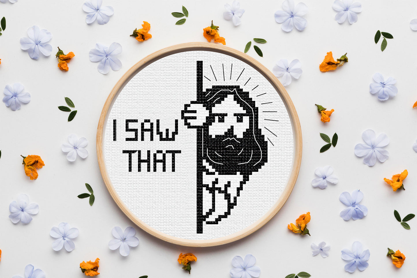 Modern humorous embroidery design with Jesus peeking behind a wall