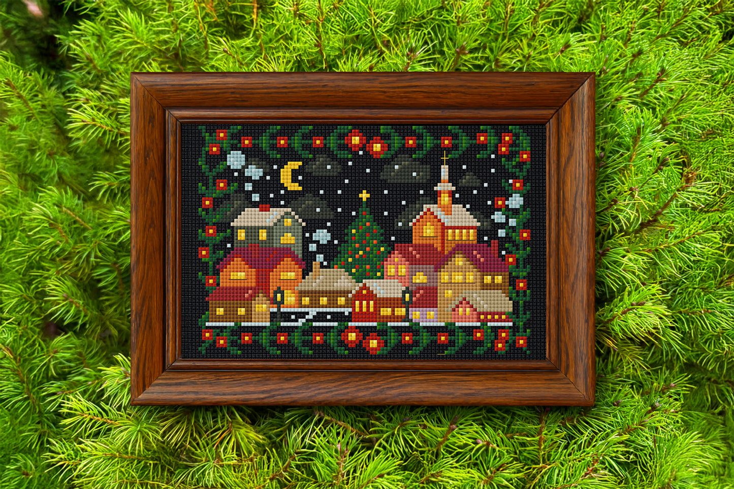 Cozy Christmas Village Cross-Stitch Art – European Winter Scene with Church and Tree