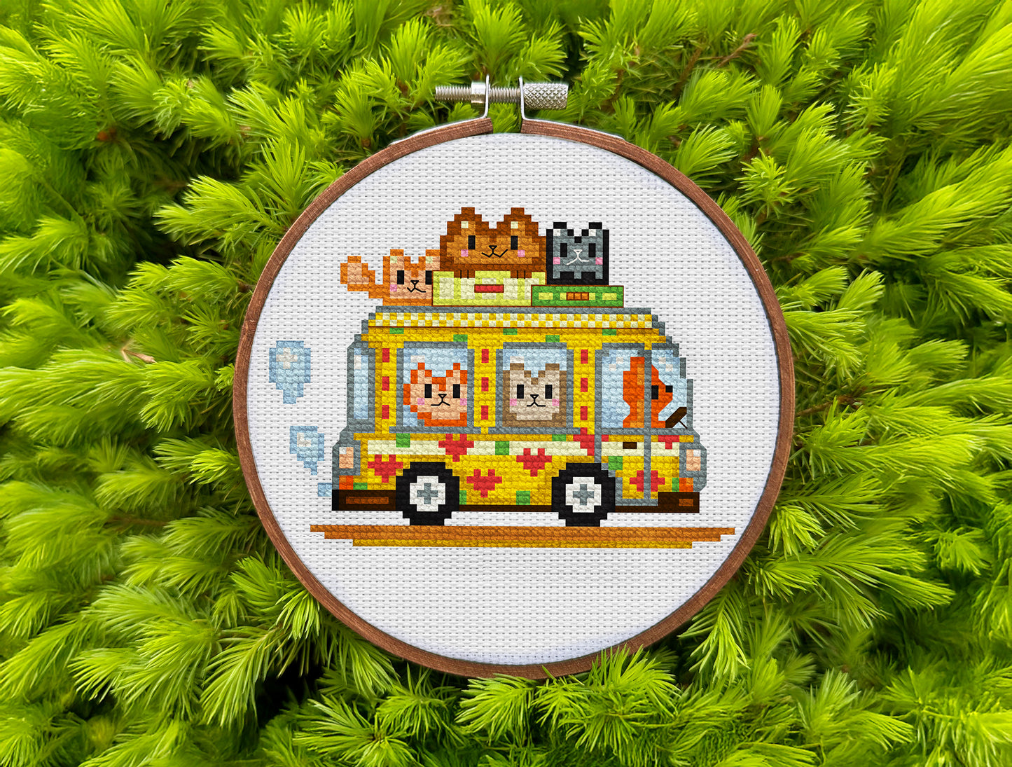 Cute Cat Bus Cross-Stitch Pattern – Pixel Art Yellow Bus with Funny Cats