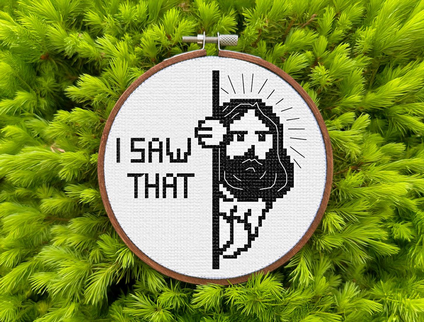 Funny Jesus cross-stitch pattern saying “I Saw That” in black and white