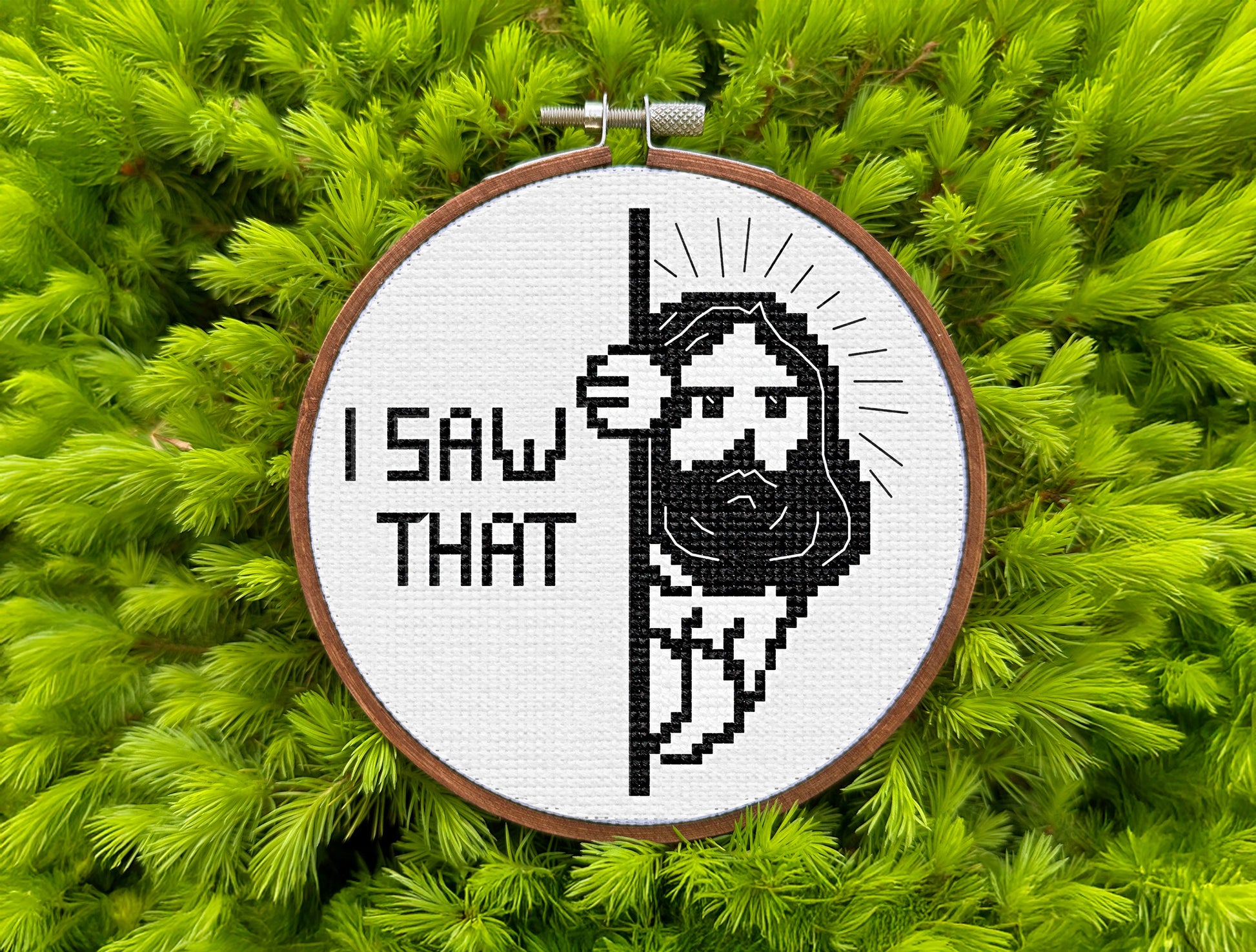 Funny Jesus cross-stitch pattern saying “I Saw That” in black and white