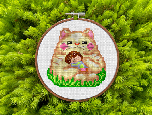 Kawaii cat with baby PDF cross-stitch pattern