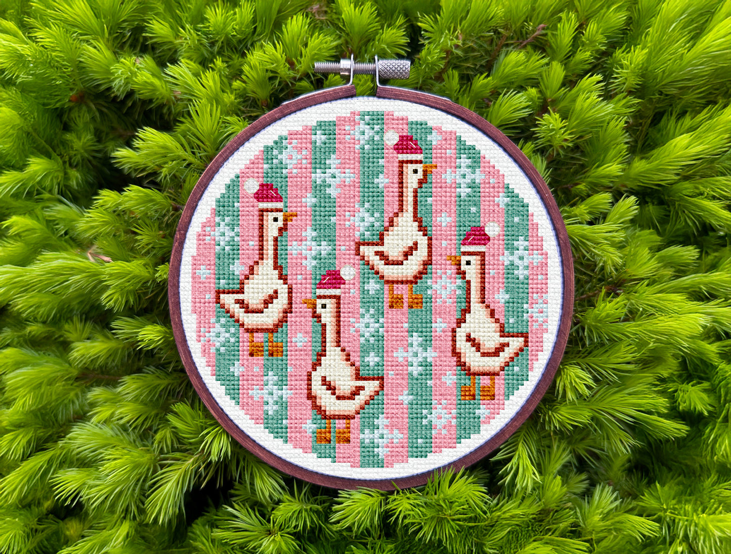 Christmas Geese Cross-Stitch Pattern – Modern Holiday Embroidery Design | Cute Winter Goose Decor for Cozy Home