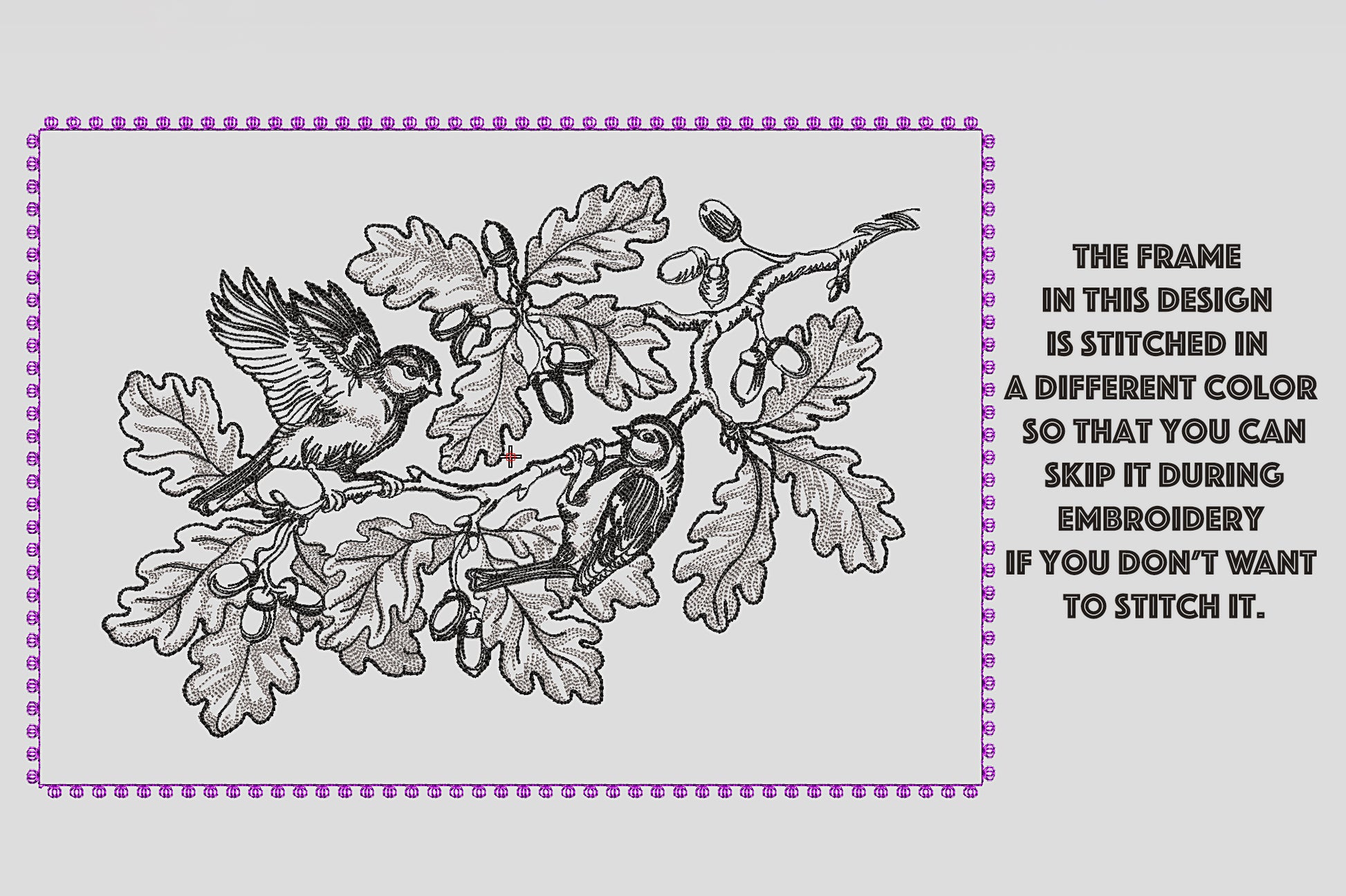 Detailed oak branch embroidery with flying bird and perched bird