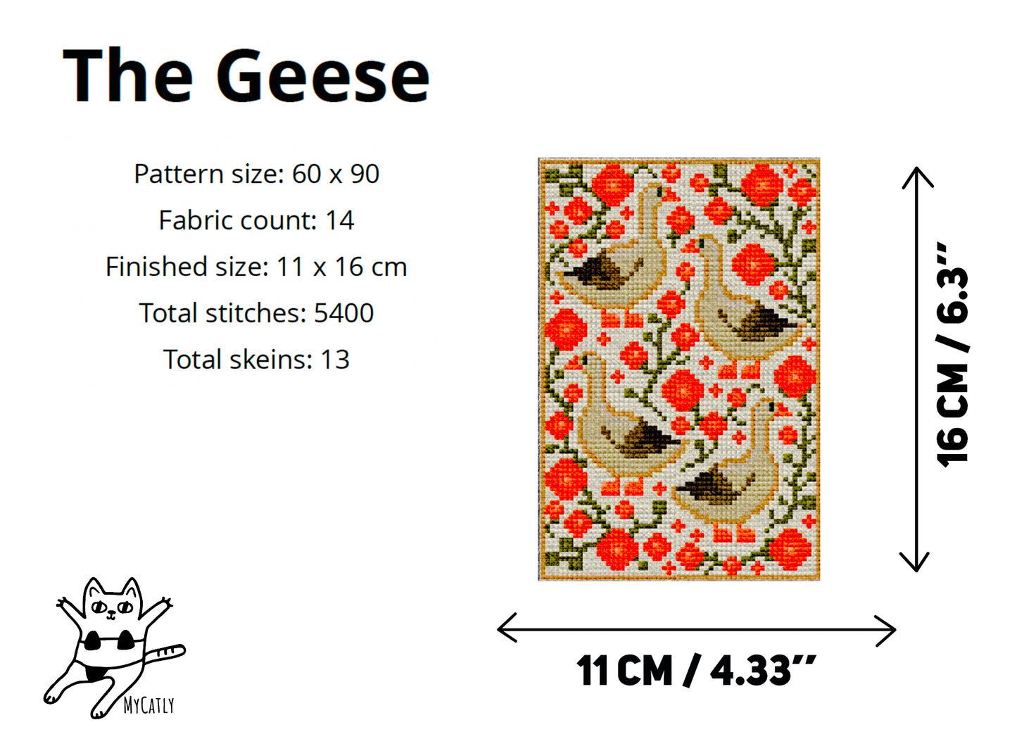 Pattern for a fabric design with geese and flowers, including dimensions and stitch count.