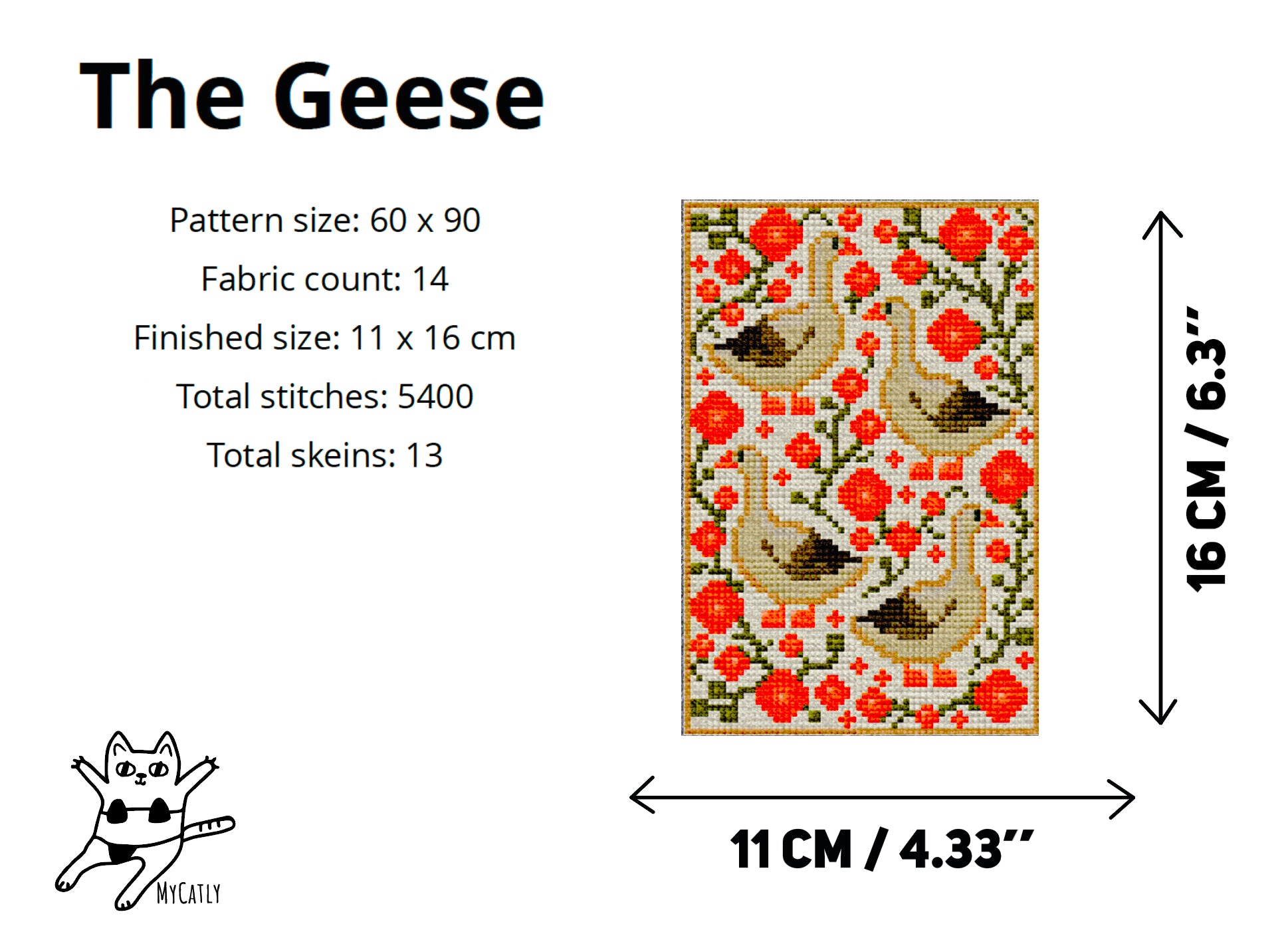 Pattern for a fabric design with geese and flowers, including dimensions and stitch count.