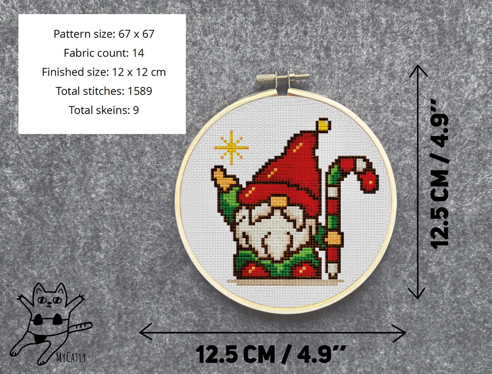 Cross-stitched gnome pattern in a hoop with dimensions and fabric details on a gray background