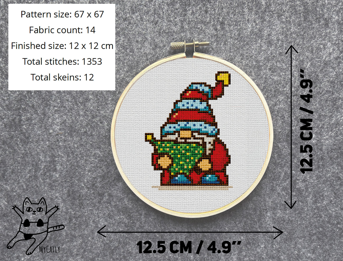Christmas Gnome Cross-Stitch Pattern – Holiday Gnome Holding Christmas Tree design