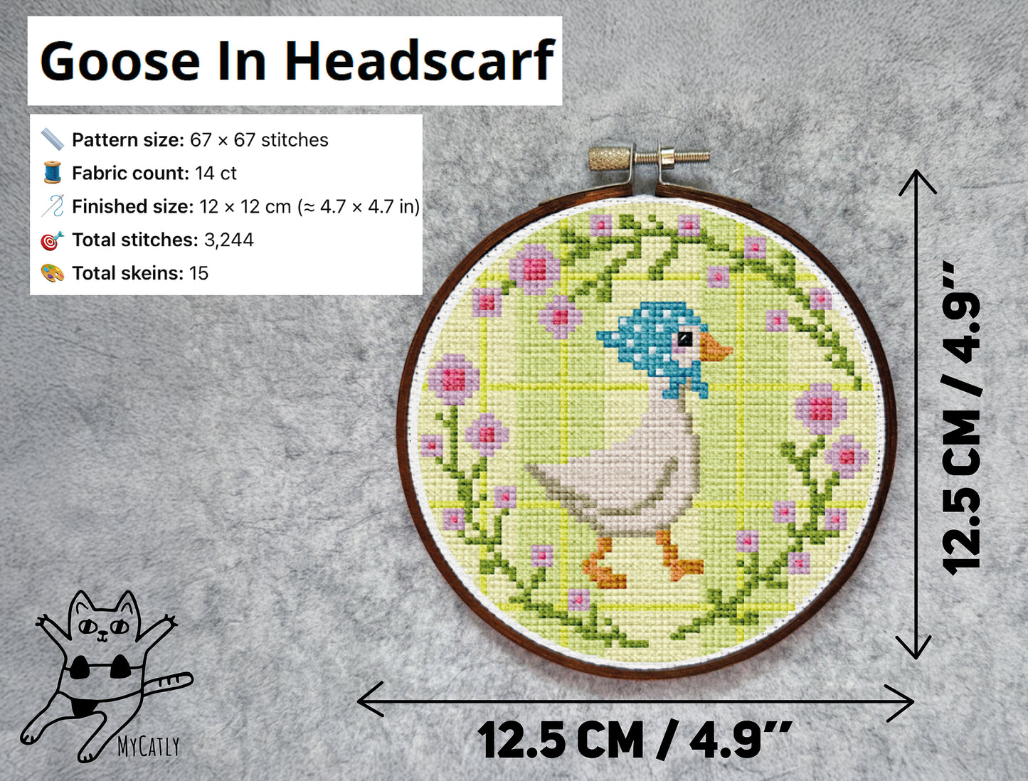 Goose Cross-Stitch Pattern – Cute Goose in Headscarf Design | Modern Farmhouse Cross-Stitch Art with Floral Frame