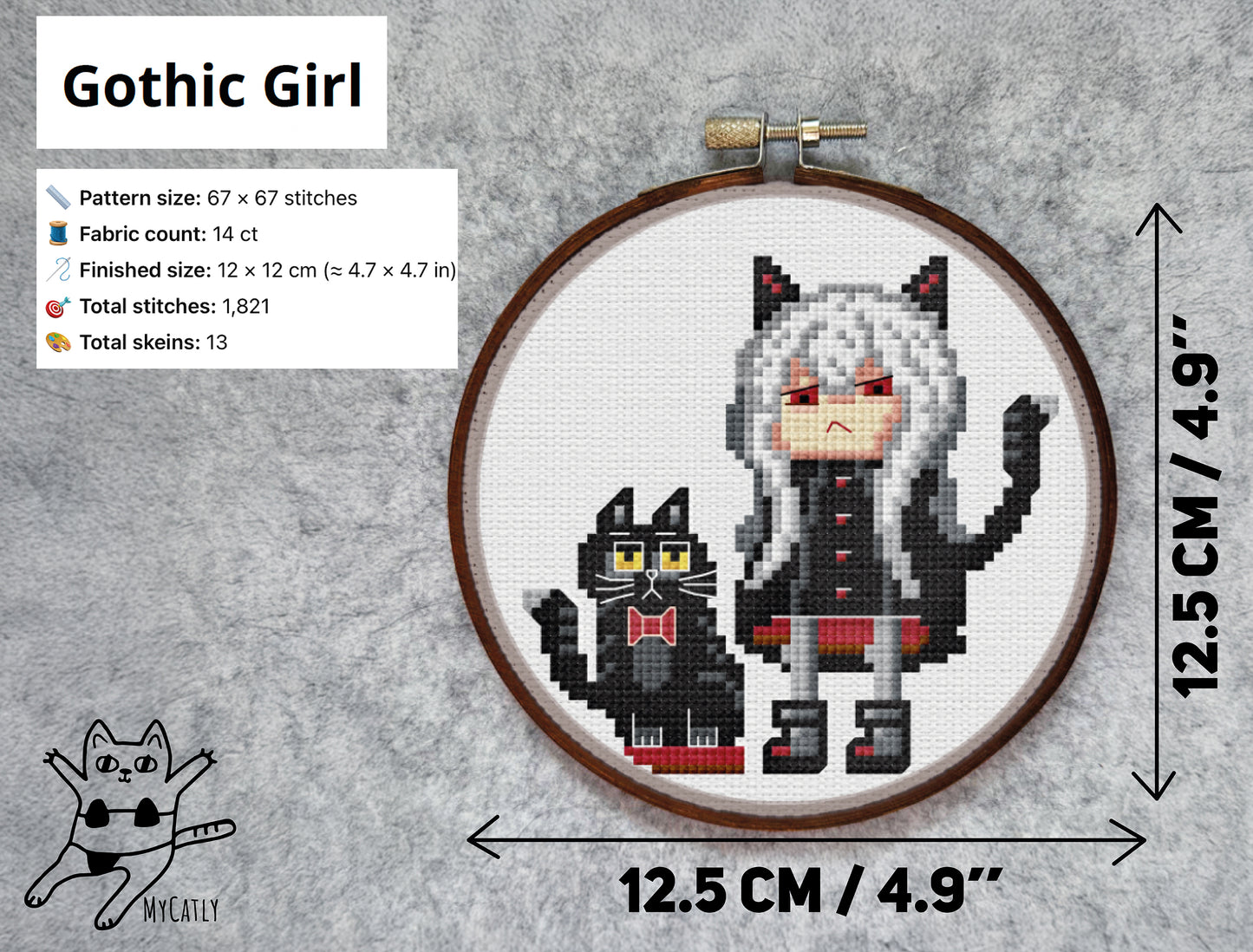 Gothic Girl Pixel Art Embroidery Pattern with Cat | Modern Dark Design for Home Decor