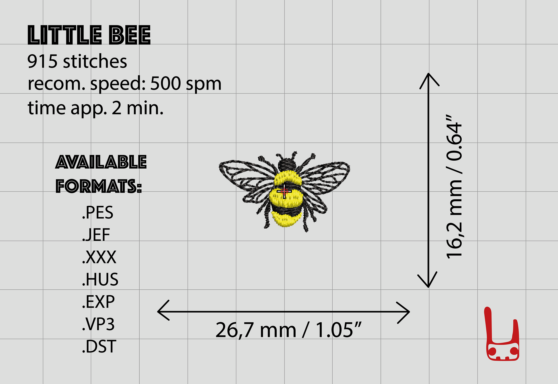 High-quality embroidery design of a naturalistic bee size chart