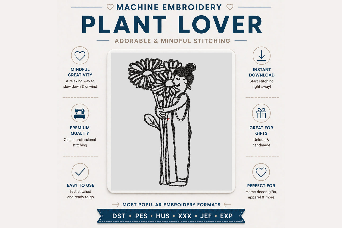 Plant Lover Embroidery Design, Minimalist Floral Girl Machine Embroidery Pattern