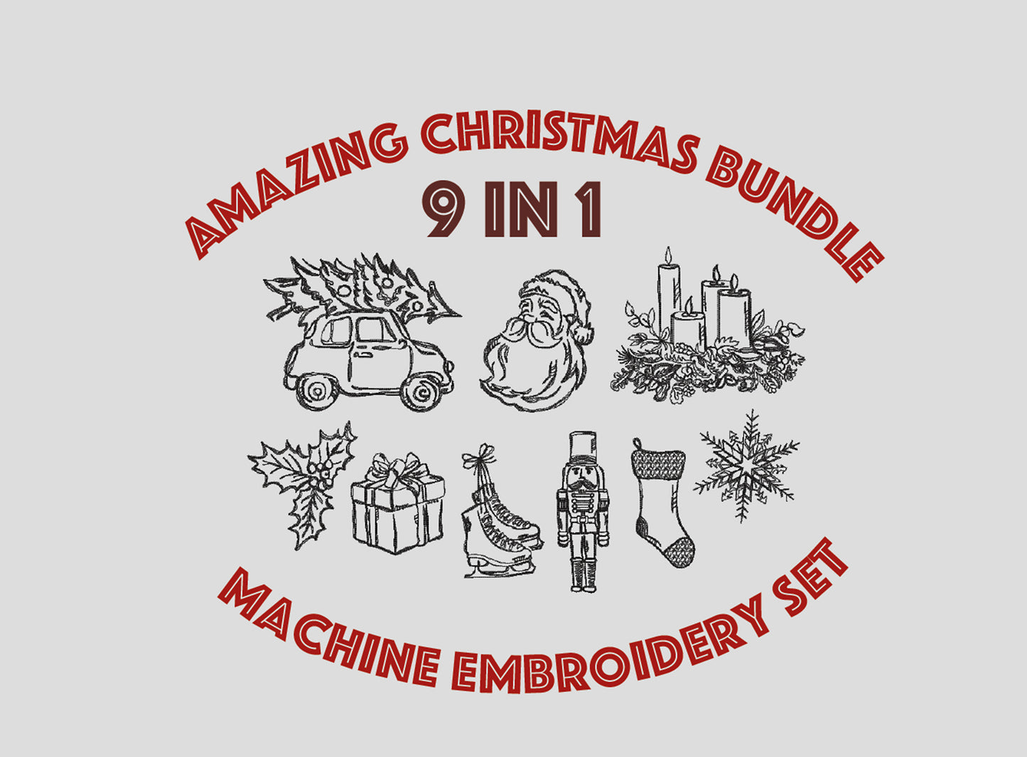 Promotional graphic for an 'Amazing Christmas Bundle' machine embroidery set with various holiday-themed designs.