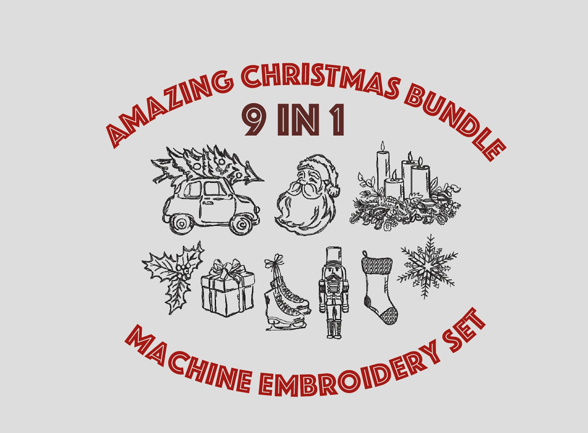 Promotional graphic for an 'Amazing Christmas Bundle' machine embroidery set with various holiday-themed designs.