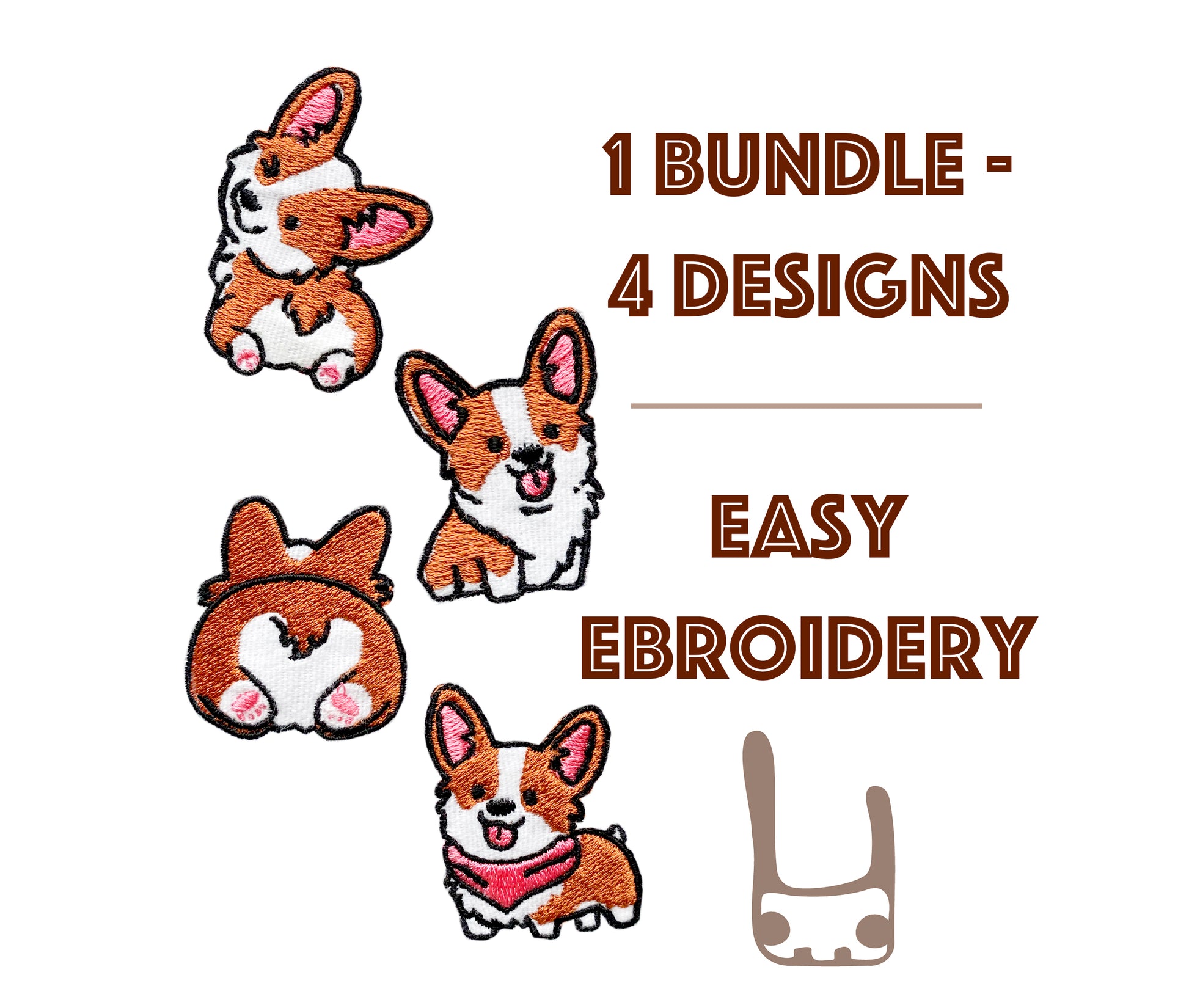 Set of four cute corgi machine embroidery designs in cartoon style