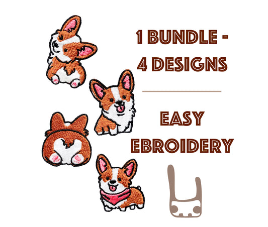 Set of four cute corgi machine embroidery designs in cartoon style
