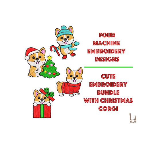 Christmas Corgi Machine Embroidery Set – 4 Cute Dog Designs for Holiday Decor | Festive Puppy Embroidery Patterns