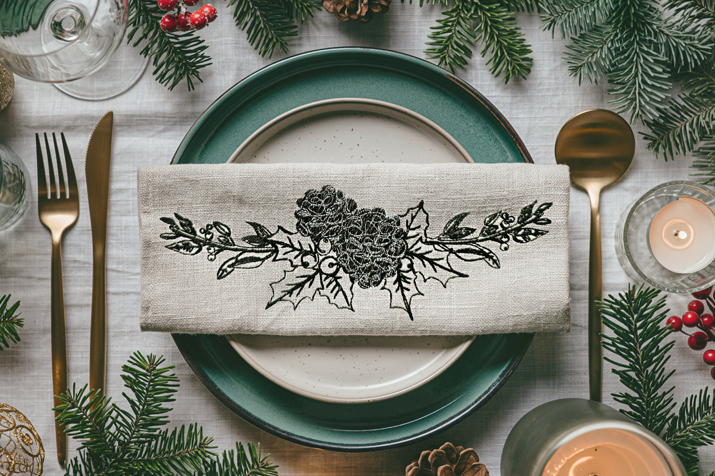 Christmas Machine Embroidery Bundle – Three Holiday Ornament Designs (Bow, Pinecones and Holly)