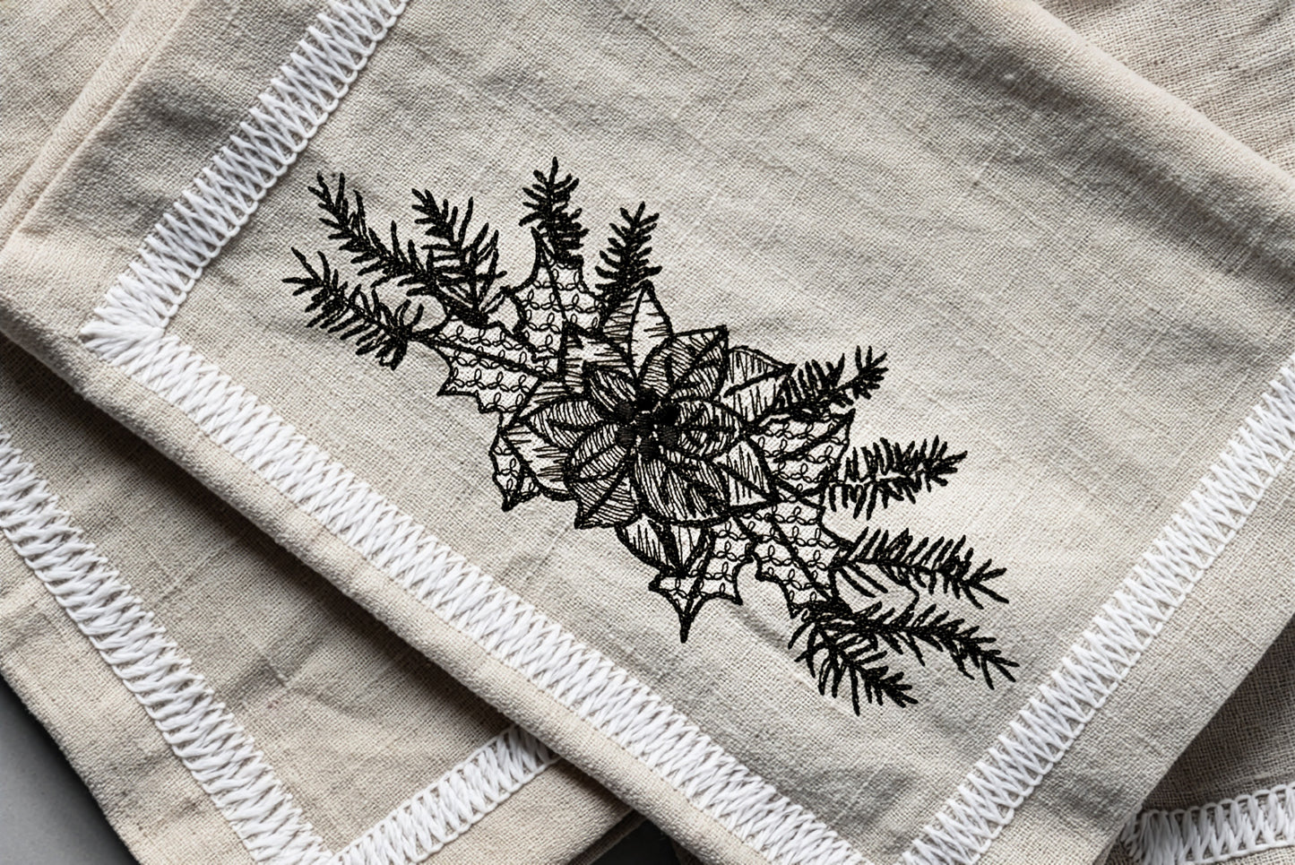 Christmas Machine Embroidery Bundle – Three Holiday Ornament Designs (Bow, Pinecones and Holly)