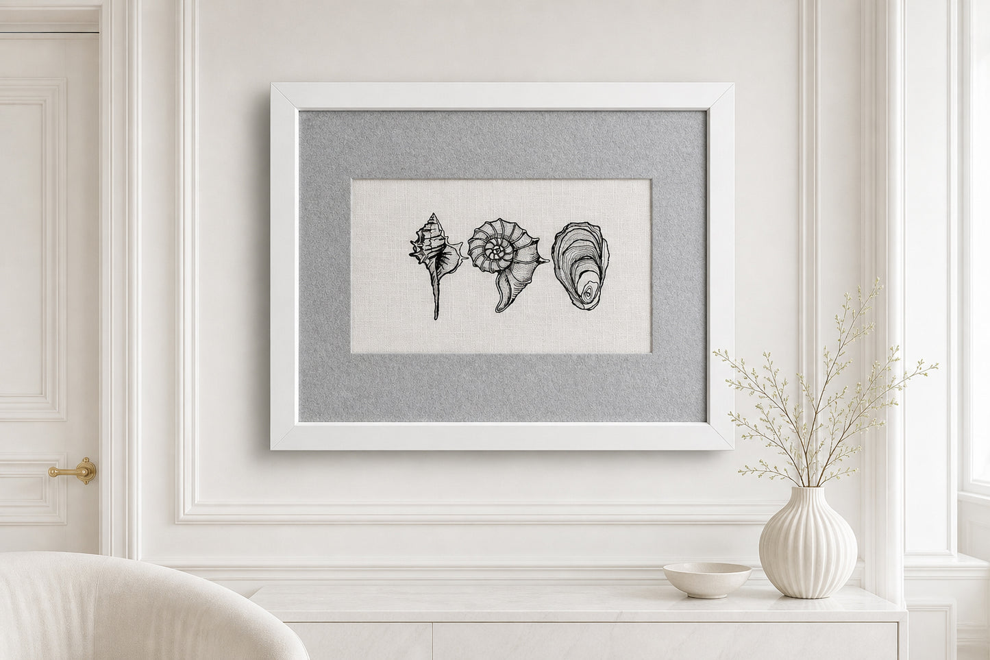 Seashell Machine Embroidery Design Set, Nautilus Oyster Shell Line Art