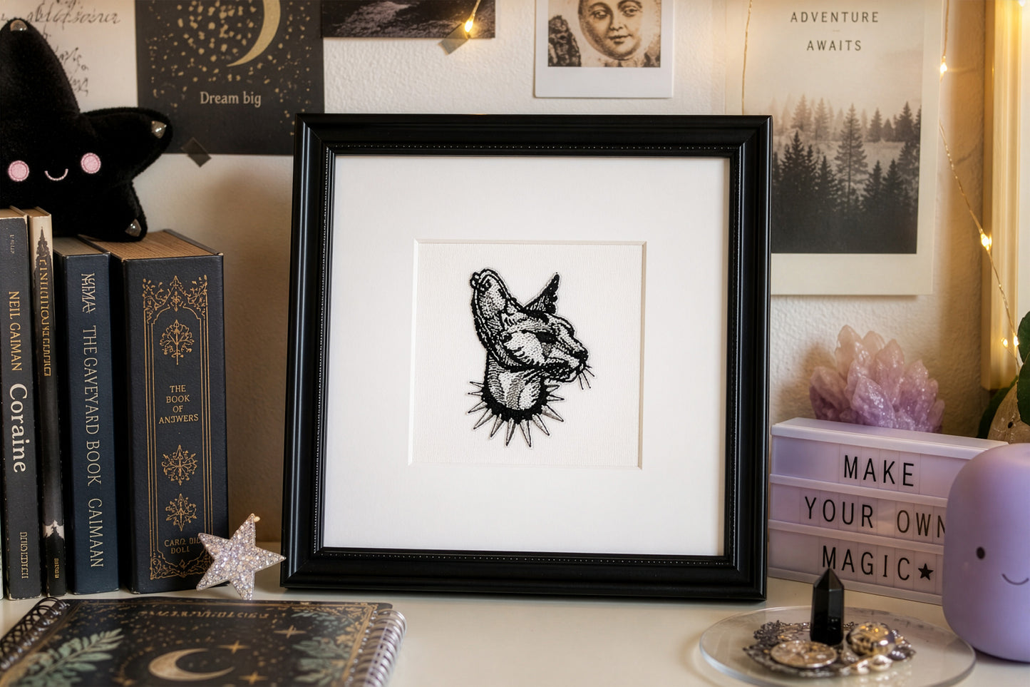 Gothic Sphinx Cat Embroidery Design in Minimalist Line Art Style