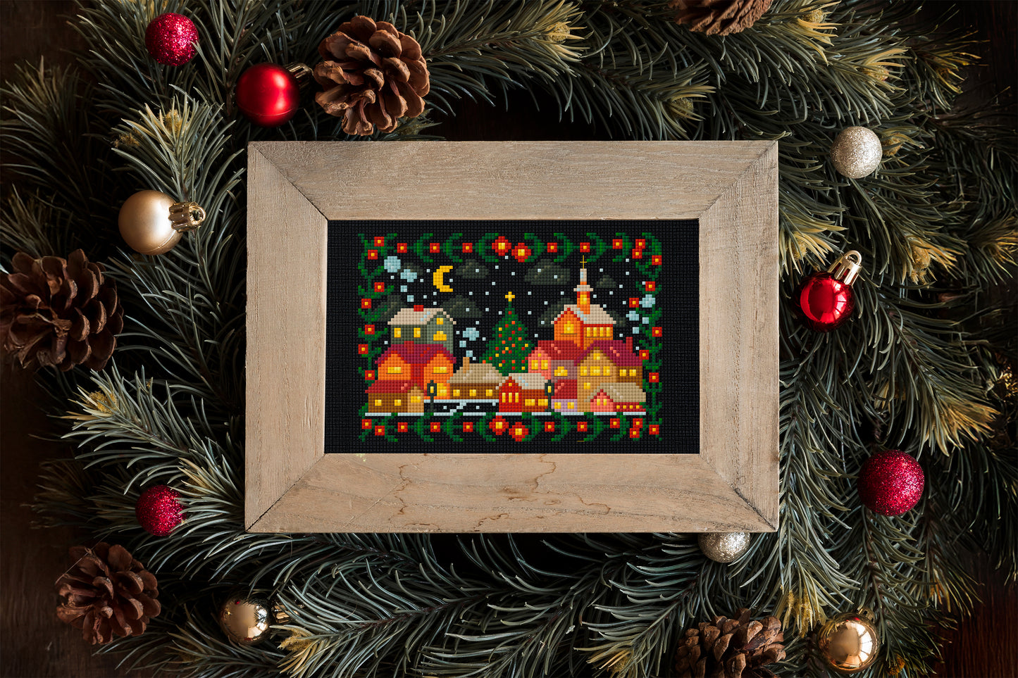 Cozy Christmas Village Cross-Stitch Art – European Winter Scene with Church and Tree