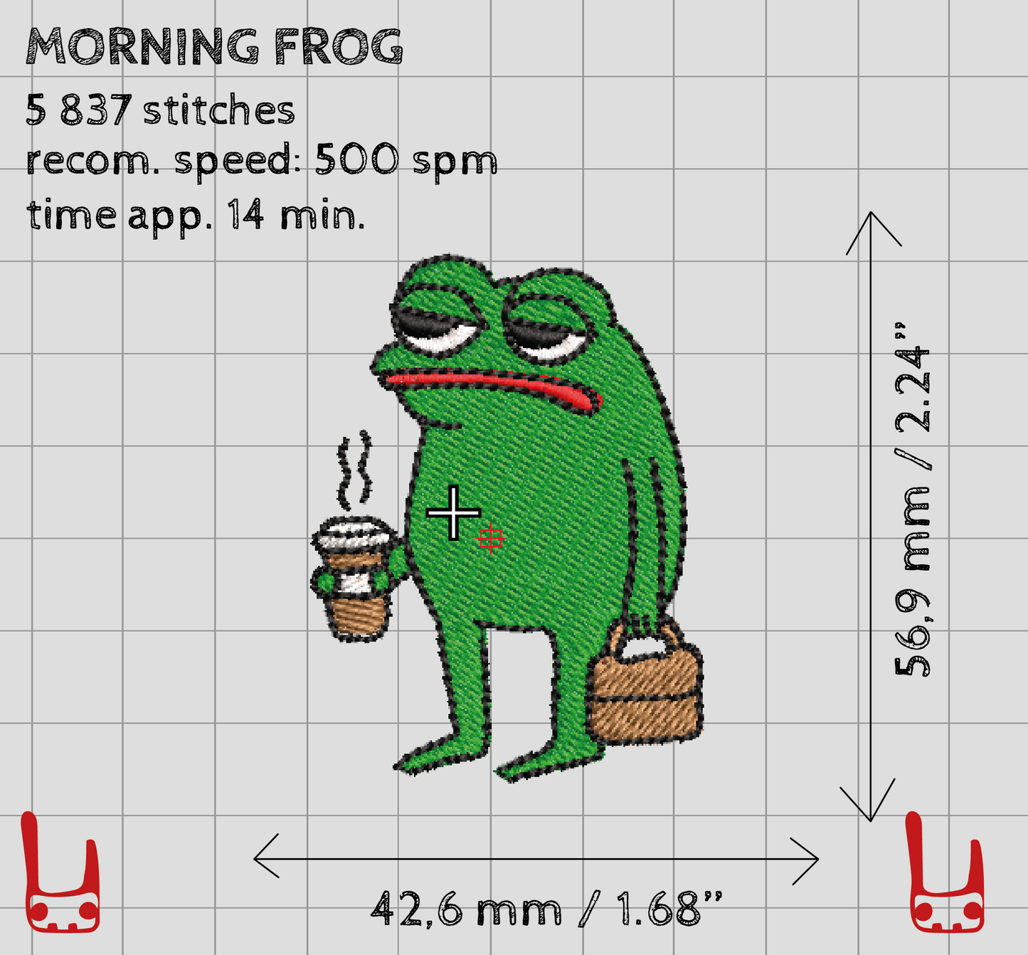 Morning frog machine embroidery, grumpy frog machine embroidery
