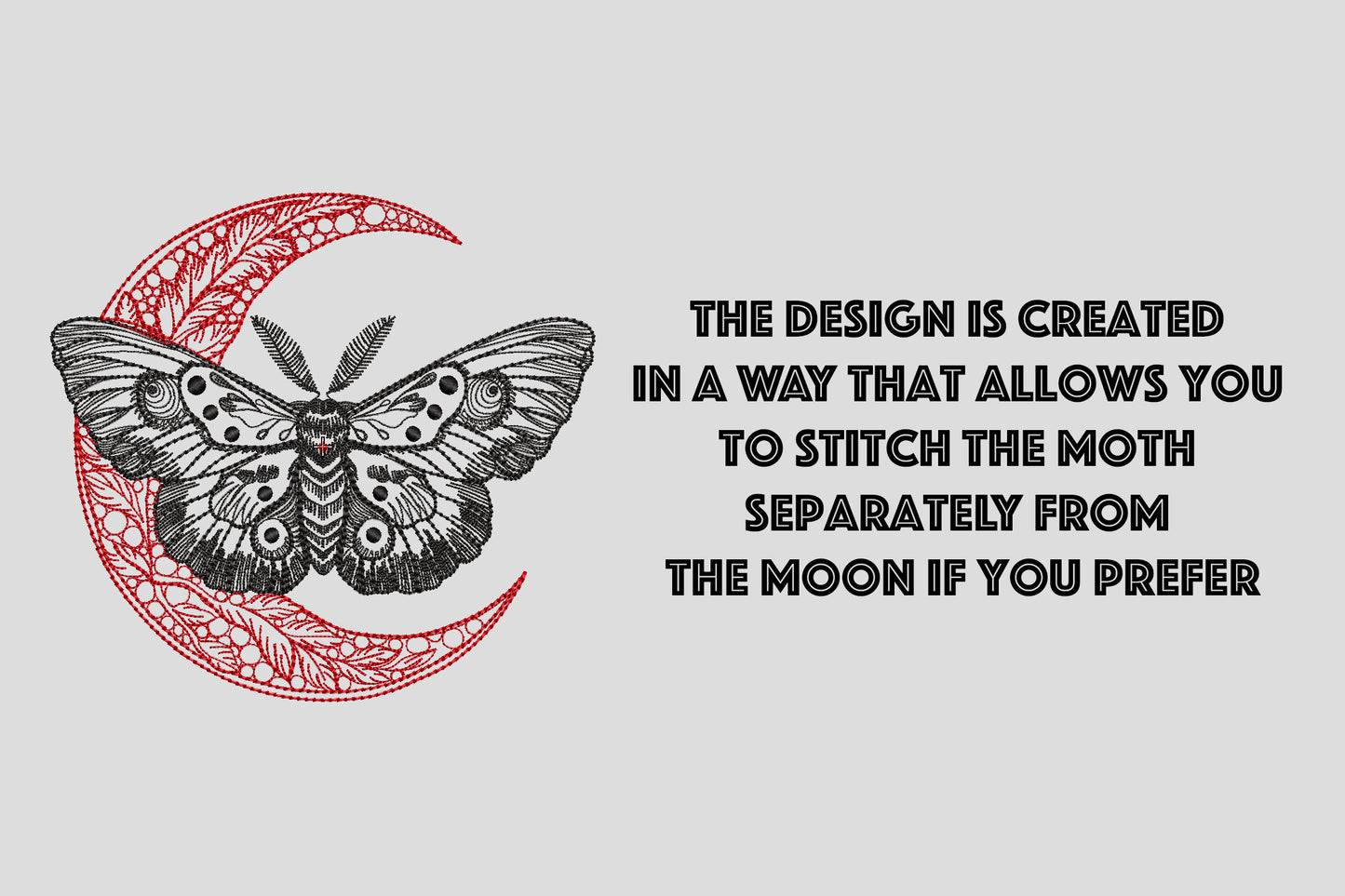 Moth and Moon Embroidery Design – Gothic One-Line Machine Stitch for Decor or Clothing