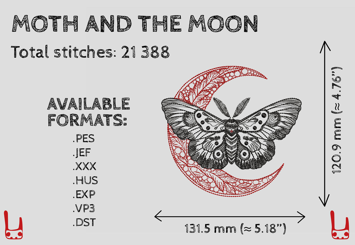 Moth and Moon Embroidery Design – Gothic One-Line Machine Stitch for Decor or Clothing