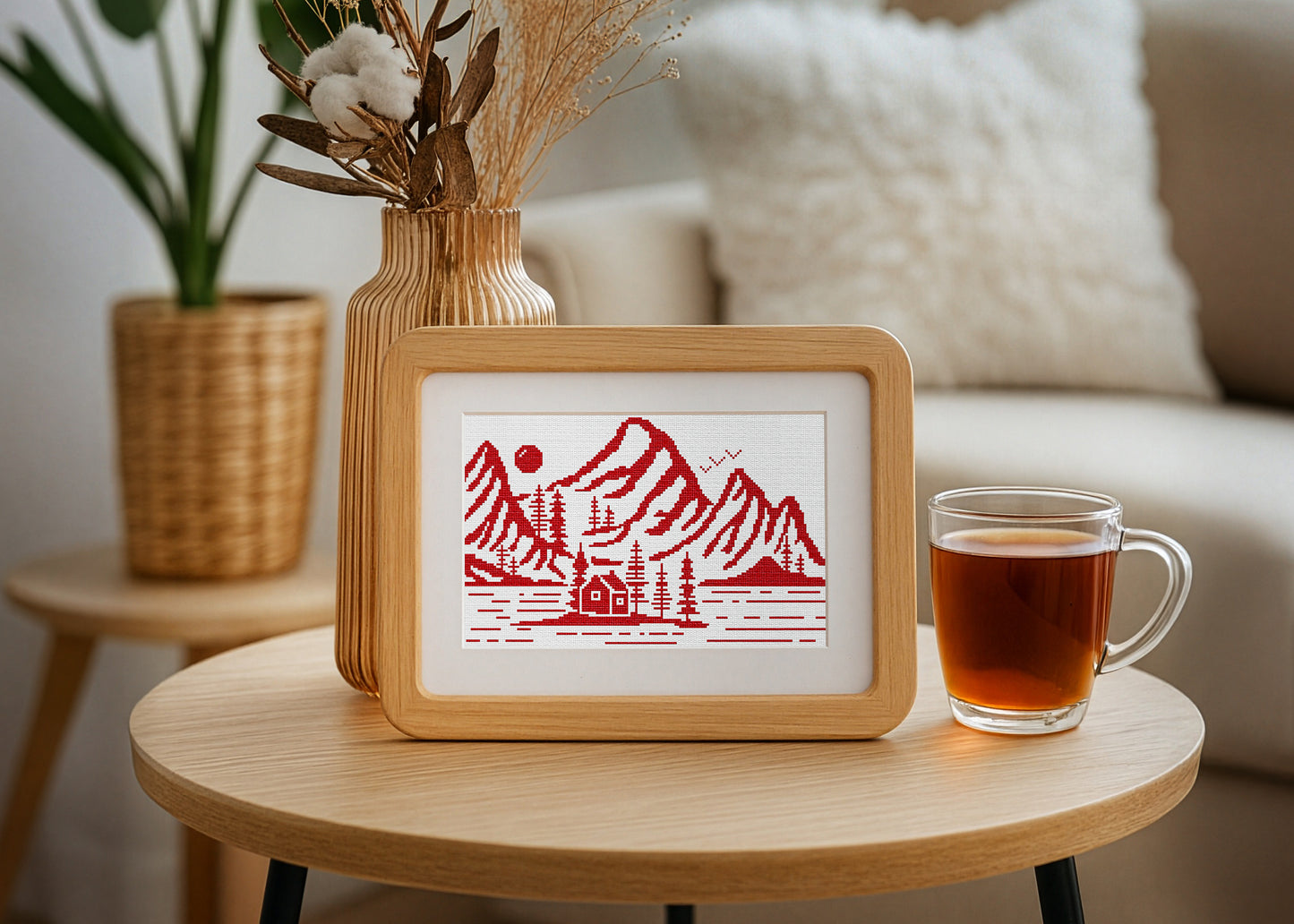 Norwegian Landscape Cross-Stitch Pattern – Scandinavian Mountain Embroidery Design | Nordic Cabin Wall Art Decor