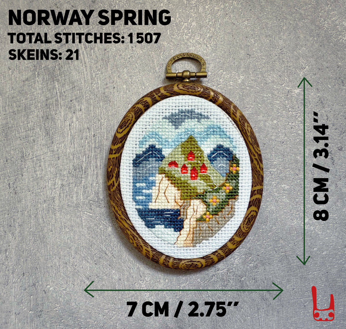Norwegian Fjord Cross-Stitch Art – Red Houses and Spring Landscape Design