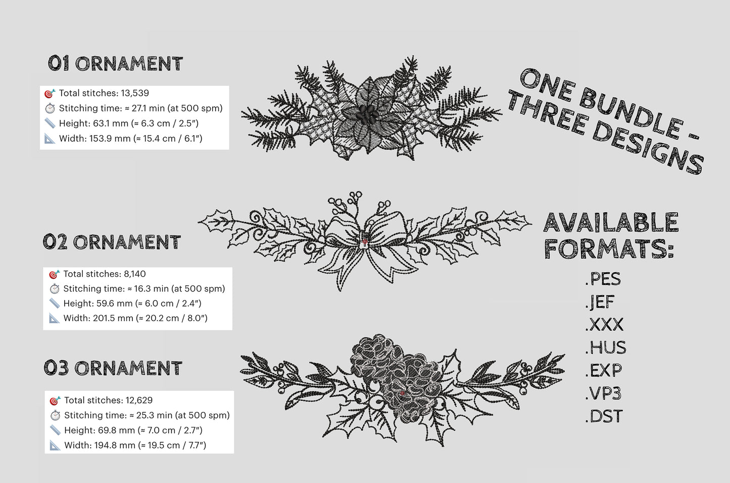 Christmas Machine Embroidery Bundle – Three Holiday Ornament Designs (Bow, Pinecones and Holly)