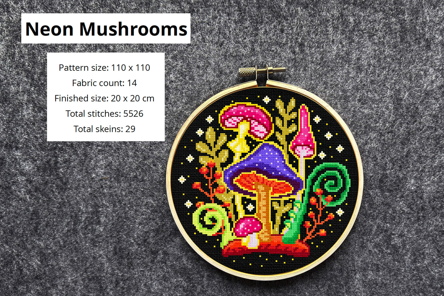 Neon Mushrooms Cross Stitch Pattern PDF