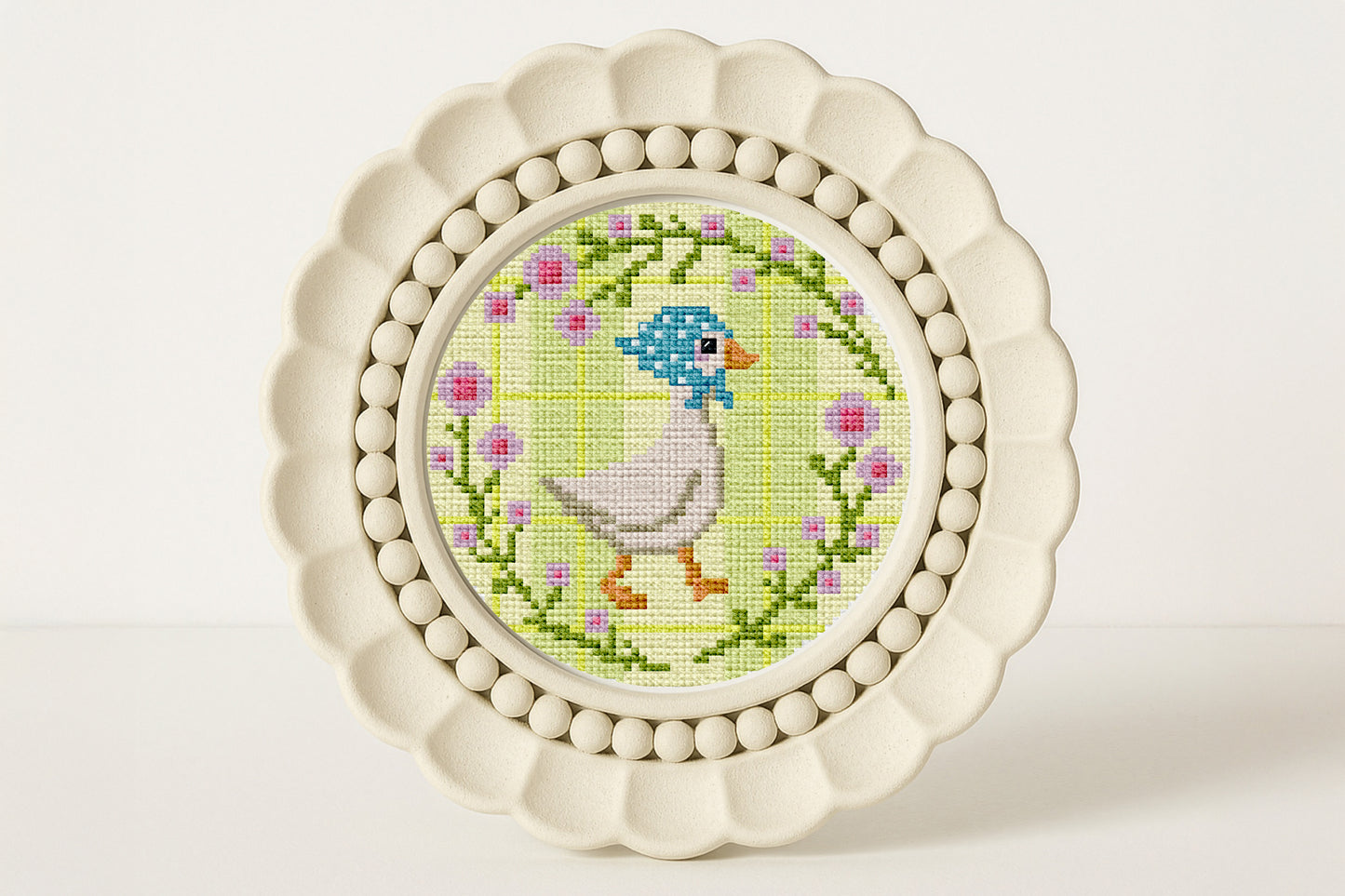 Goose Cross-Stitch Pattern – Cute Goose in Headscarf Design | Modern Farmhouse Cross-Stitch Art with Floral Frame