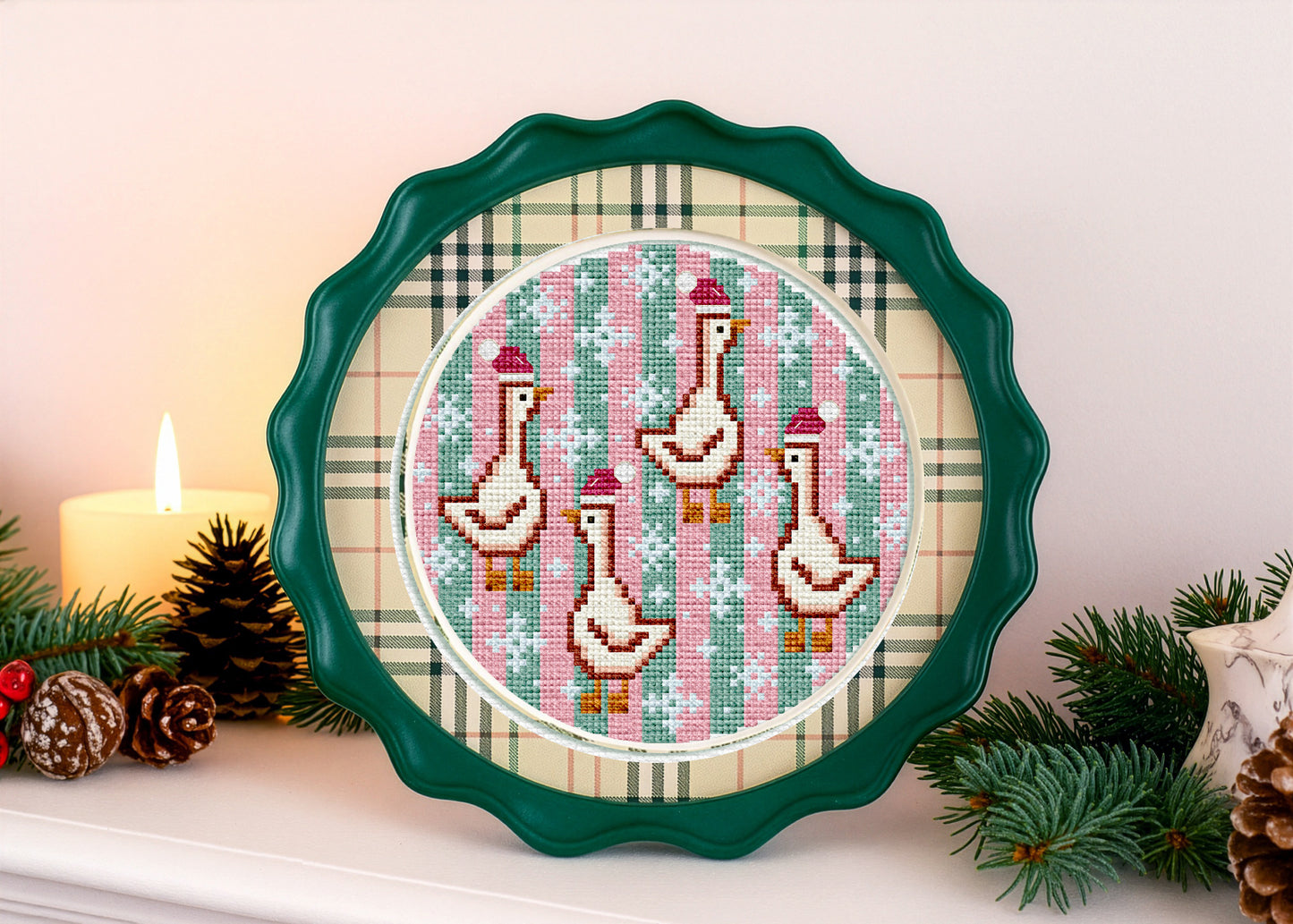 Christmas Geese Cross-Stitch Pattern – Modern Holiday Embroidery Design | Cute Winter Goose Decor for Cozy Home