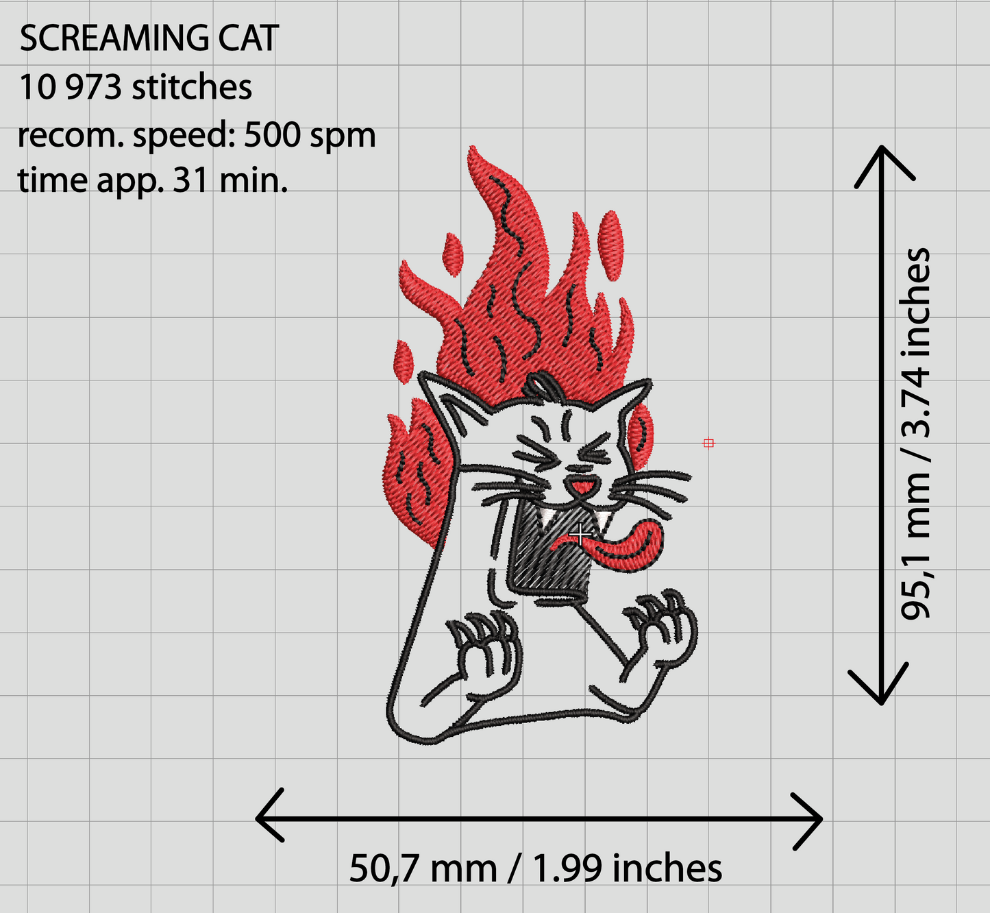 Screaming cat machine embroidery design, cat on fire