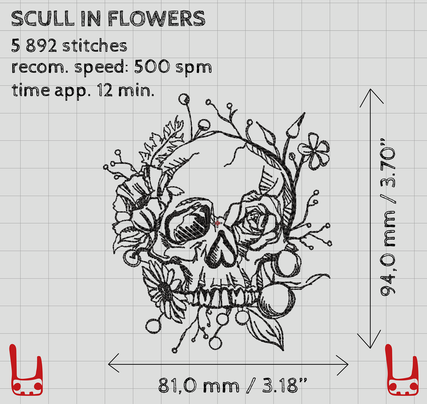 Scull in flowers machine embroidery