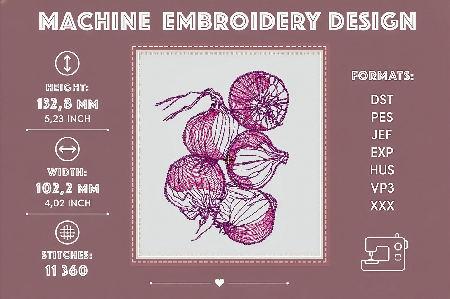 Onion Machine Embroidery Design – Minimal Kitchen Line Art