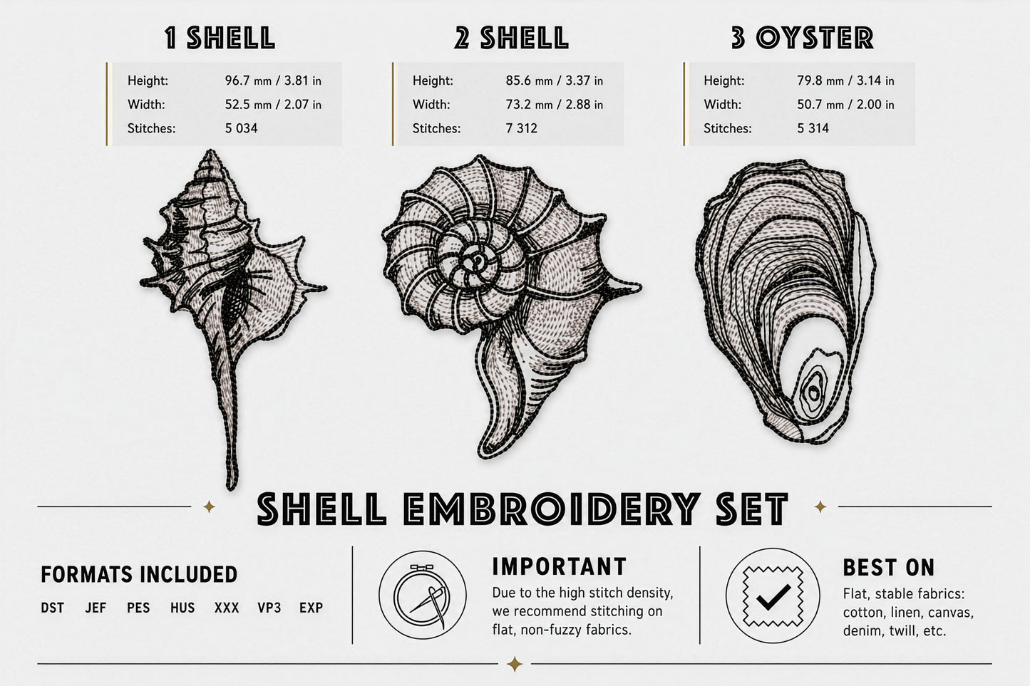 Seashell Machine Embroidery Design Set, Nautilus Oyster Shell Line Art
