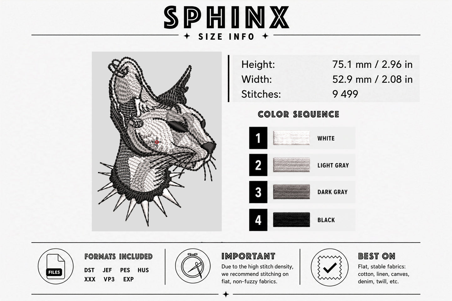 Gothic Sphinx Cat Embroidery Design in Minimalist Line Art Style