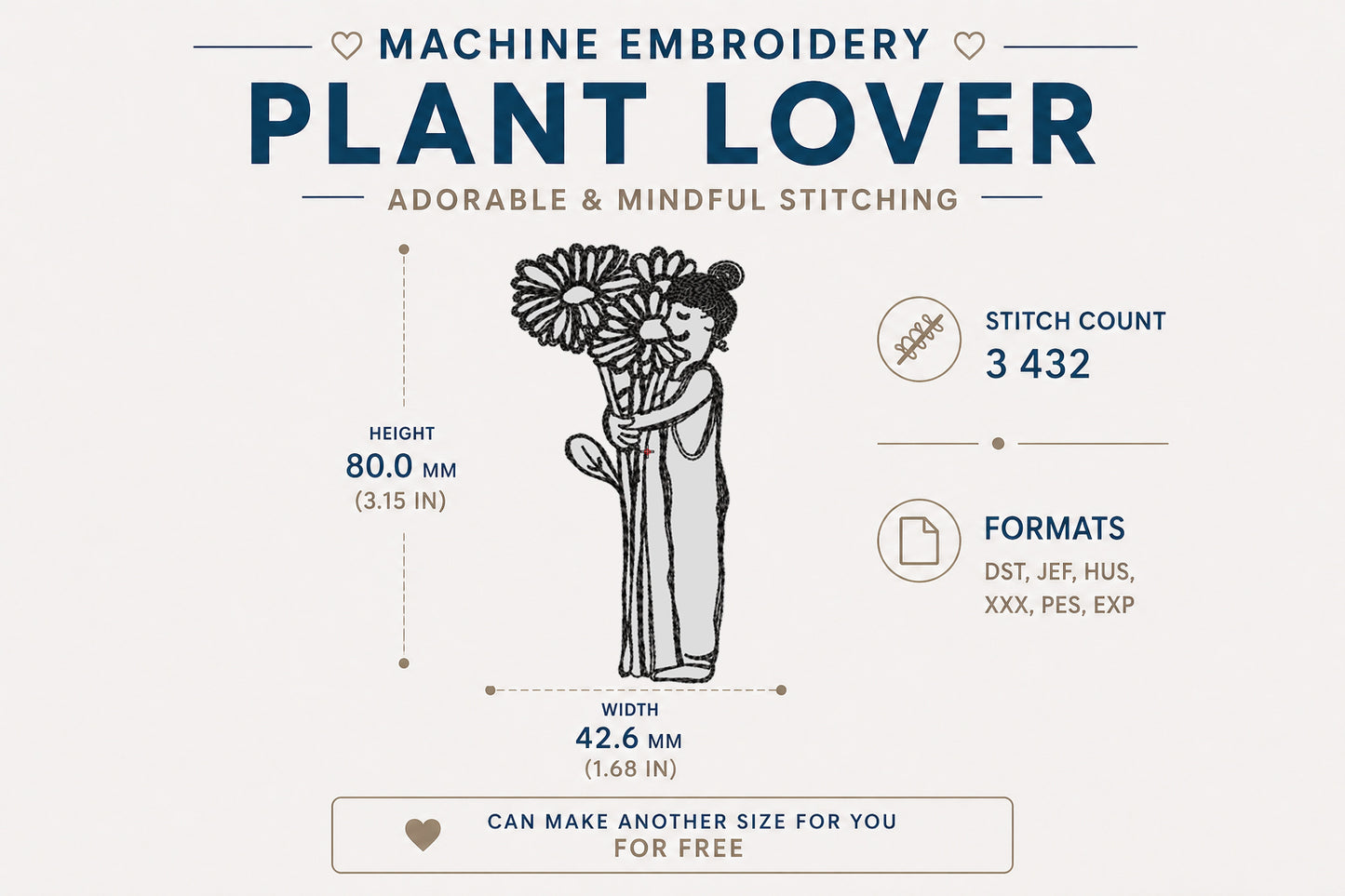 Plant Lover Embroidery Design, Minimalist Floral Girl Machine Embroidery Pattern