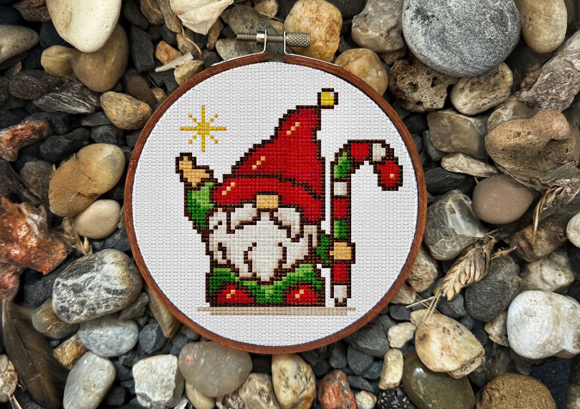 Pixel-art Christmas gnome cross-stitch pattern for décor