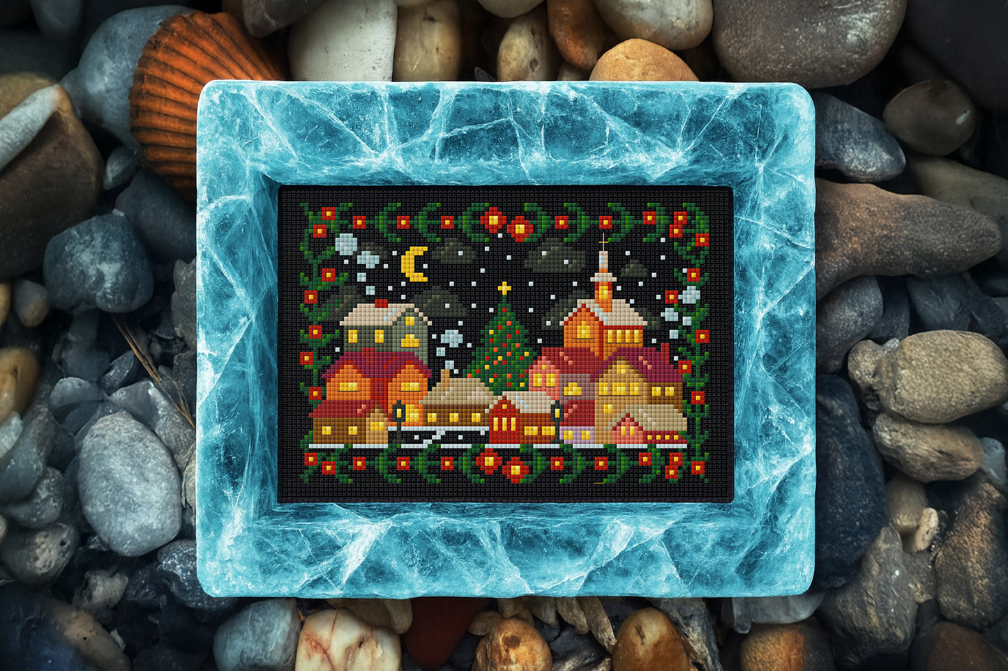 Cozy Christmas Village Cross-Stitch Art – European Winter Scene with Church and Tree