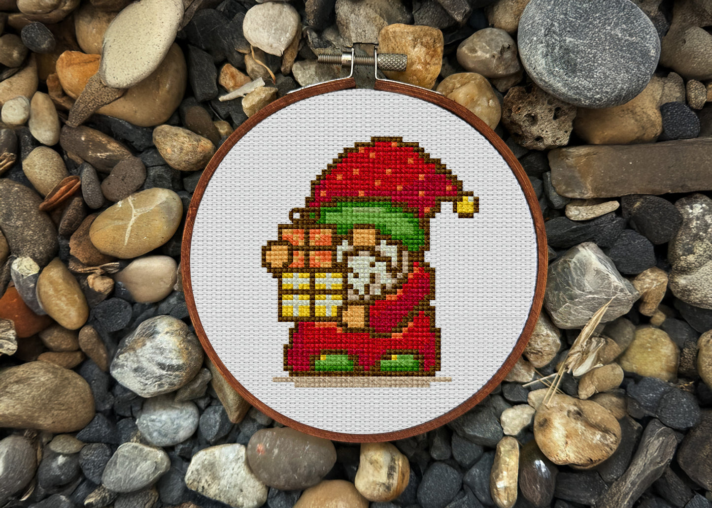 Cute gnome with presents cross-stitch design