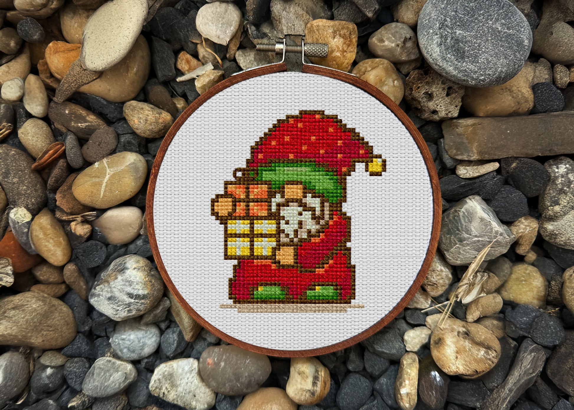 Cute gnome with presents cross-stitch design