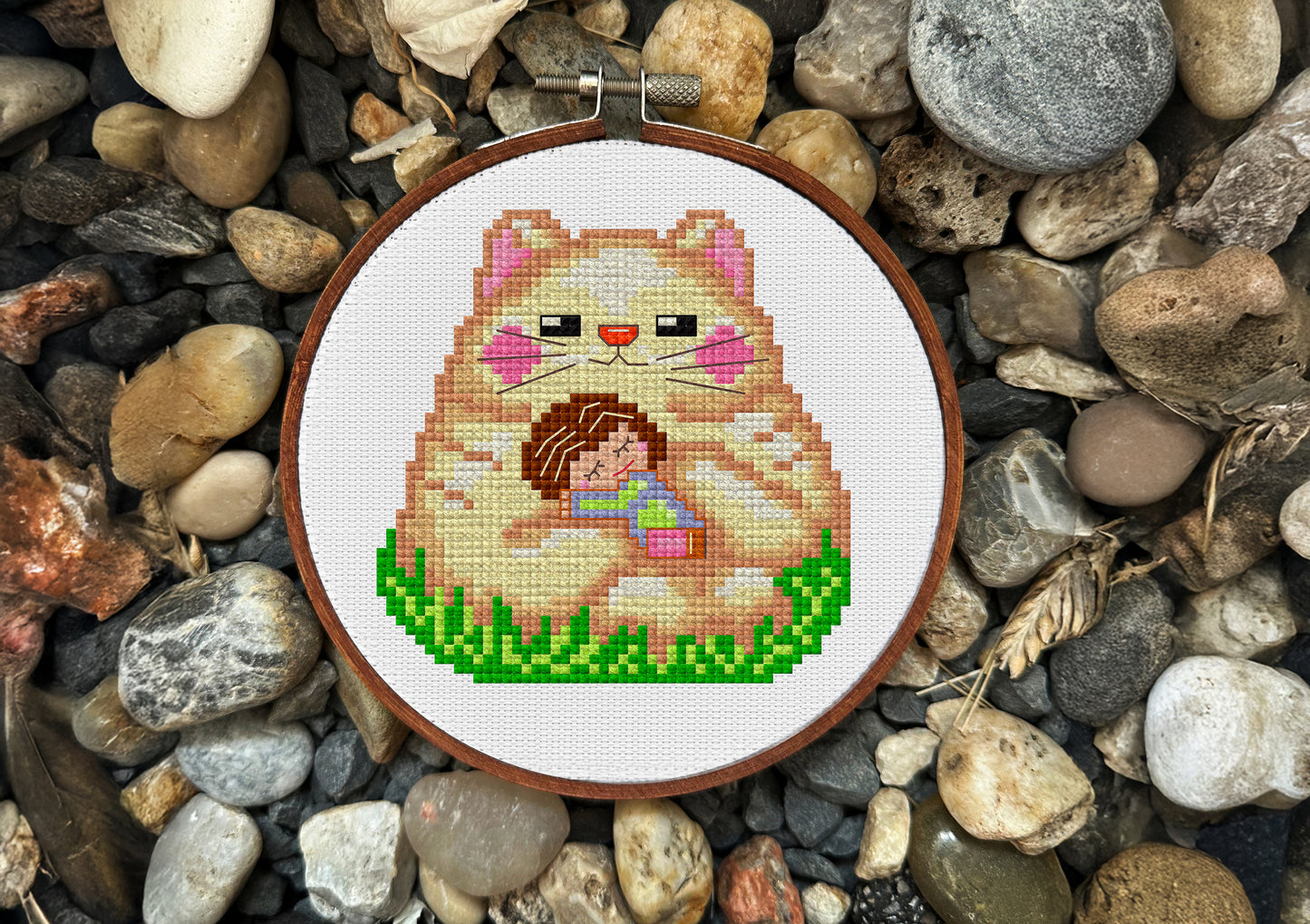 Kawaii cat with baby PDF cross-stitch pattern