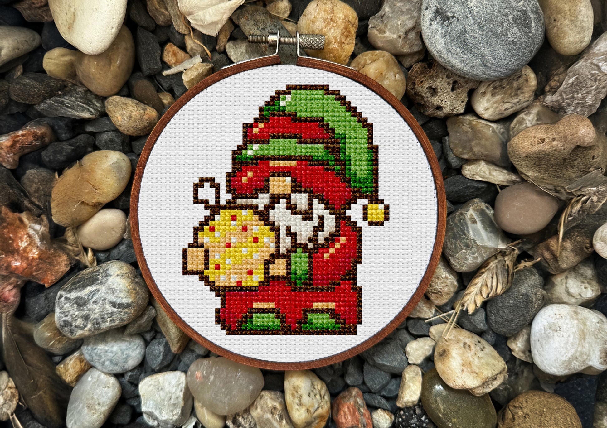 Holiday embroidery design featuring gnome and bauble