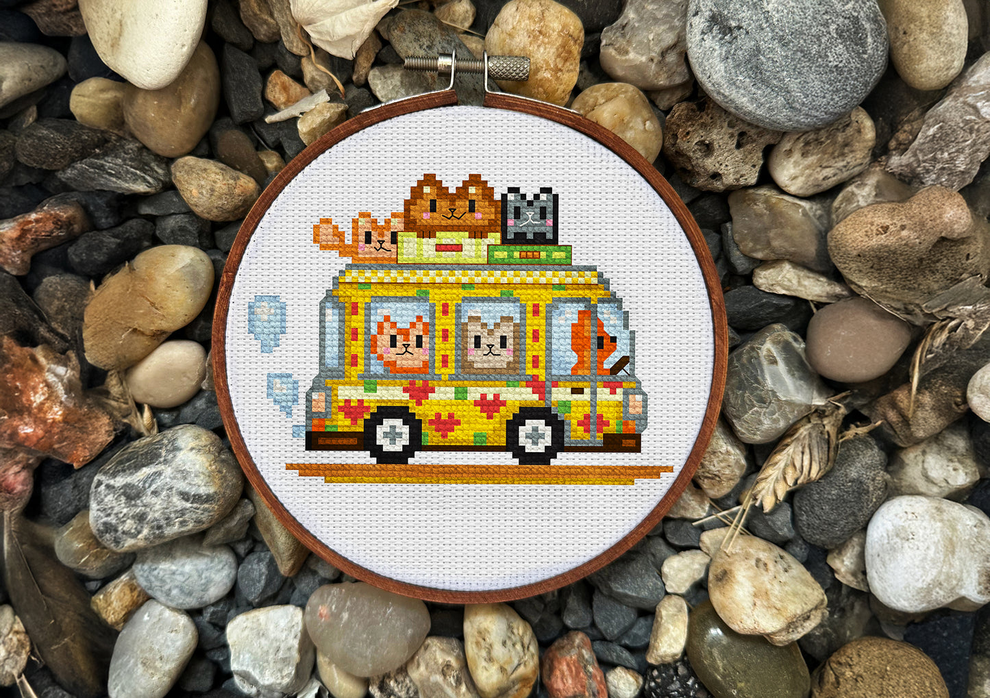 Cute Cat Bus Cross-Stitch Pattern – Pixel Art Yellow Bus with Funny Cats
