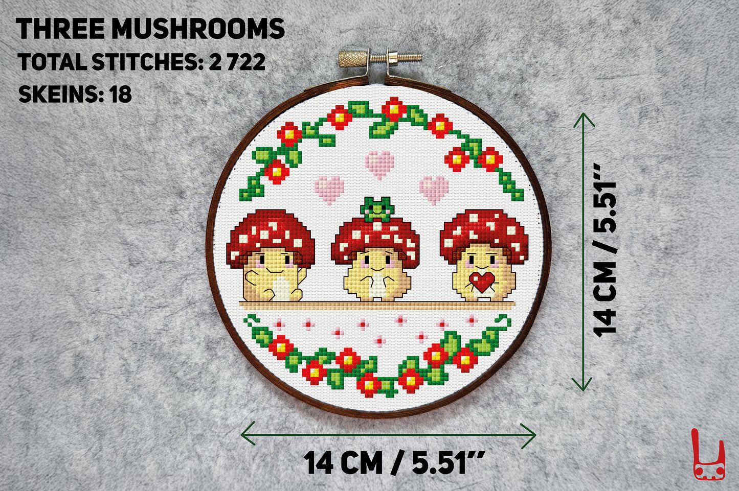 Kawaii mushroom cross-stitch with frog on head