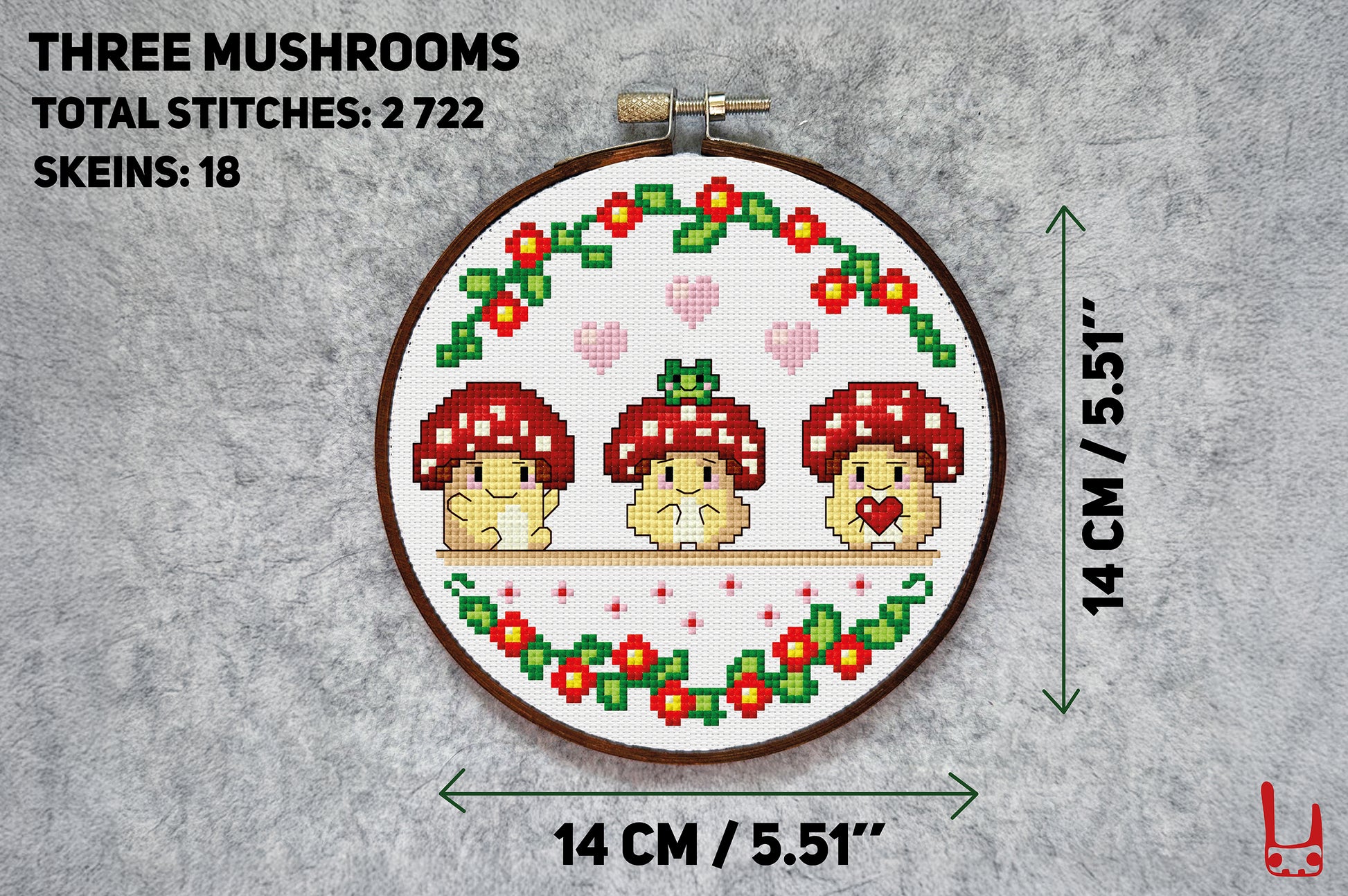 Kawaii mushroom cross-stitch with frog on head